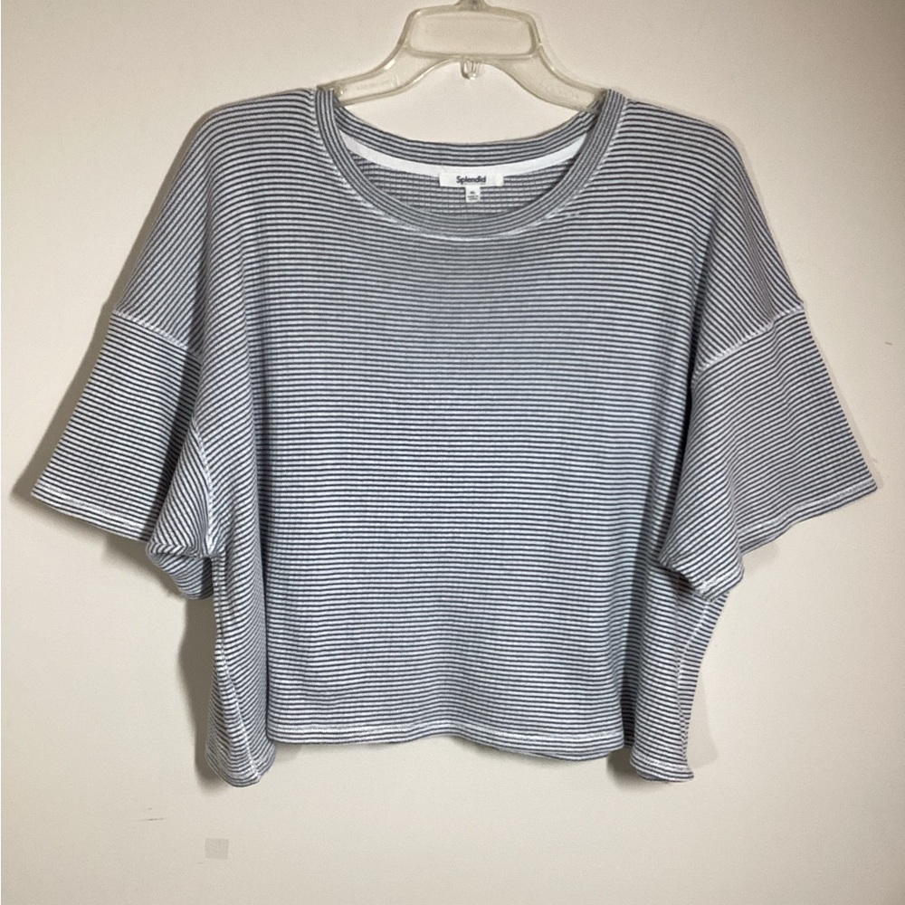 Splendid XL Top White Black Striped Lightweight Waffle Weave short sleeves